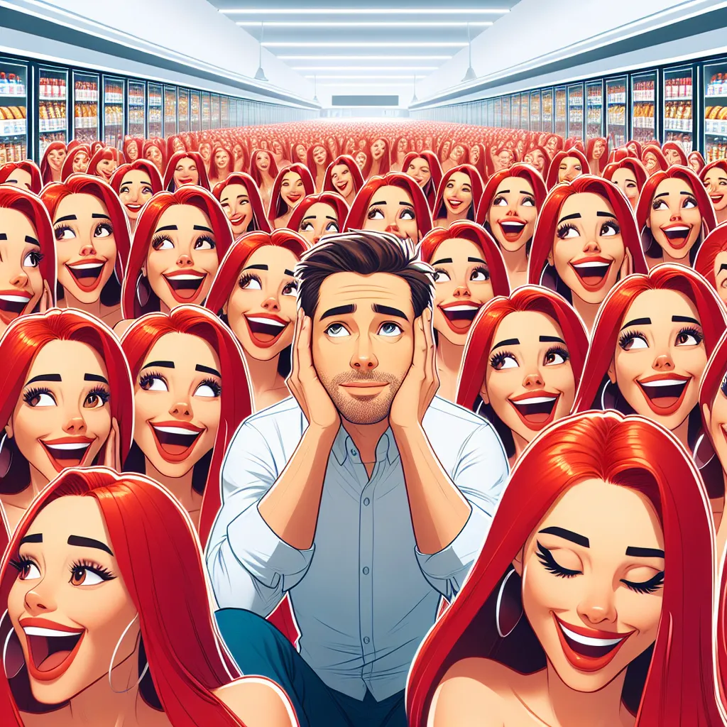 An image depicting a man named Bob surrounded by countless clones of his red-haired wife, Linda, in a grocery store. Each Linda clone has a vibrant red hair and alluring physique, causing Bob to feel overwhelmed and bewildered.