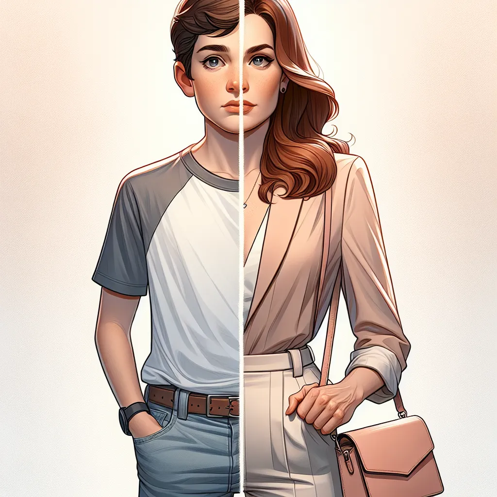 A story of a young boy named Ethan who mysteriously transforms into a woman named Marissa and navigates through a day in her adult life, filled with challenges, moments of uncertainty, and eventually acceptance. The image could show a split down the middle, with Ethan's reflection appearing as Marissa in her stylish outfit, holding the blush crossbody purse, signaling the moment of transformation and the journey that follows.