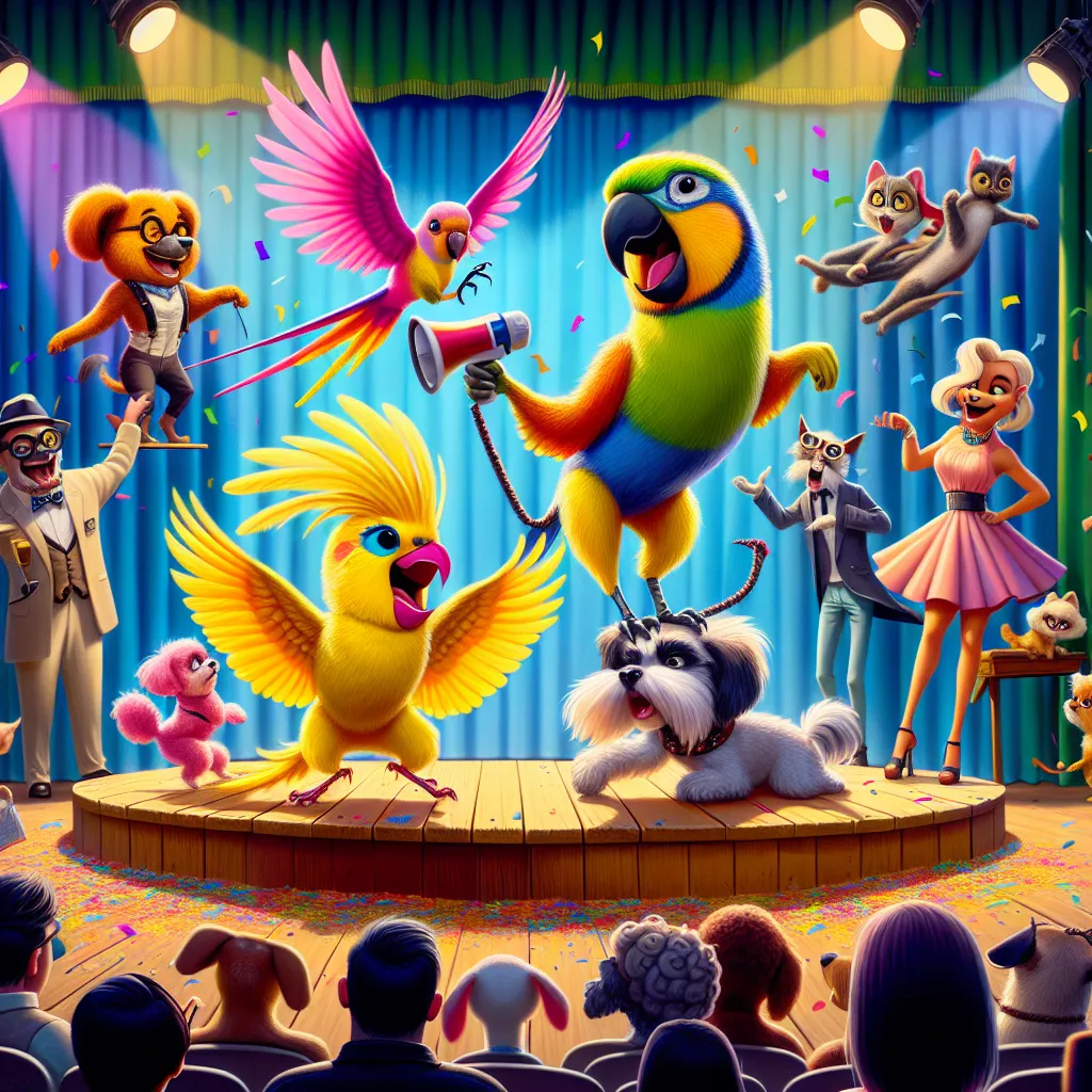 A colorful, lively stage scene in a whimsical pet utopia featuring Edie Von Keet—a bright yellow parakeet—in a dog’s body joyfully wagging a tail, while Roxie McTerrier—a sturdy terrier—in a parakeet’s body flaps feathers nervously. Around them, various anthropomorphic pets like a stylish poodle director, a nervous goat stage manager tap-dancing, and a skeptical cat watch the theatrical chaos. The backdrop is a vibrant dog park painted by a turtle, with confetti falling and an excited audience s