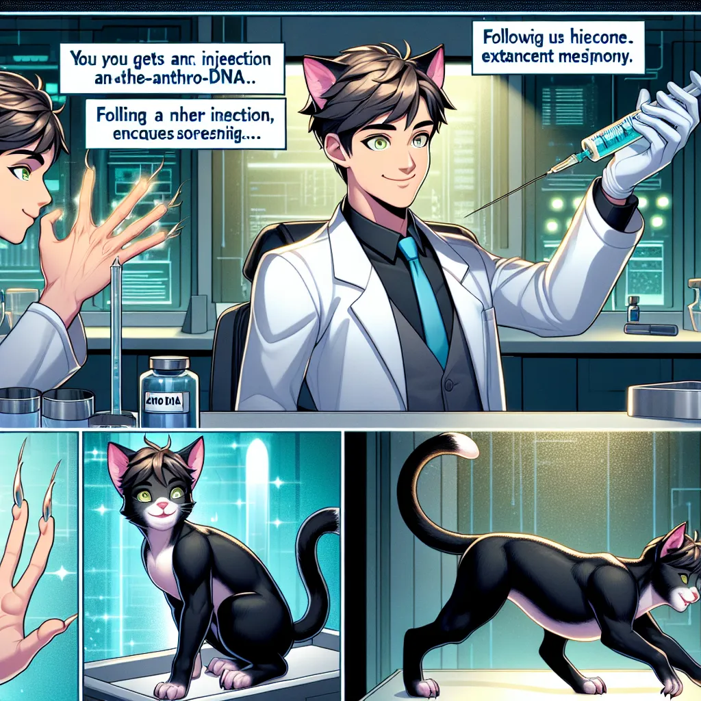 A young boy named Jamie undergoes a remarkable transformation at GeneTech Laboratories. As he receives an injection of DNA, his skin begins to glow and shimmer. His fingers elongate, his jawline softens, and his voice becomes melodic. Jamie's body gradually becomes more feminine, with curves and a slender waist. He then receives anthro-cat DNA, growing feline fangs, triangular ears, and velvety black fur with a tuxedo pattern. His senses heighten, and he marvels at his new sight and hearing. Jam