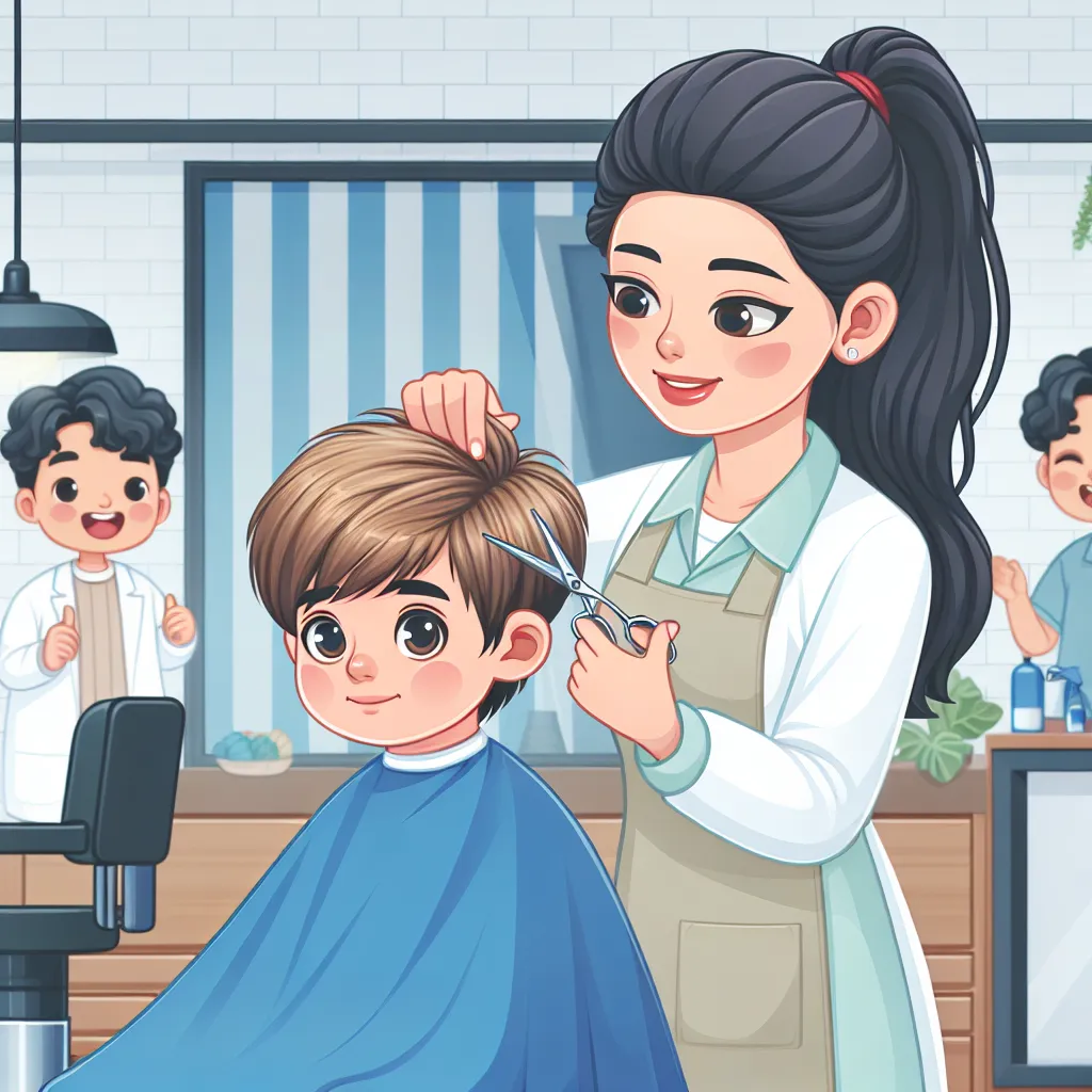 A heartwarming story about Tim, an 8-year-old boy, getting his first solo haircut at a Korean salon. The image will show Tim at the salon with Min-Hee, a kind stylist. The background will feature Min-Hee's friends and capture the friendly atmosphere of the salon.