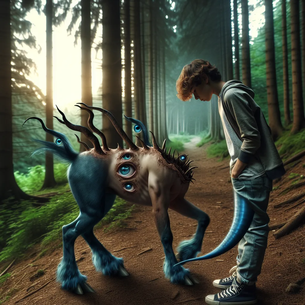 A young boy named Alex undergoes a painful transformation in a dense forest at sunset. Sprouting stalks with eyes, blue hooves, and a tail blade, he embarks on a new and daunting existence as an Andalite child. He navigates his way through this foreign identity, facing the challenges of a dark and unfamiliar journey with determination.