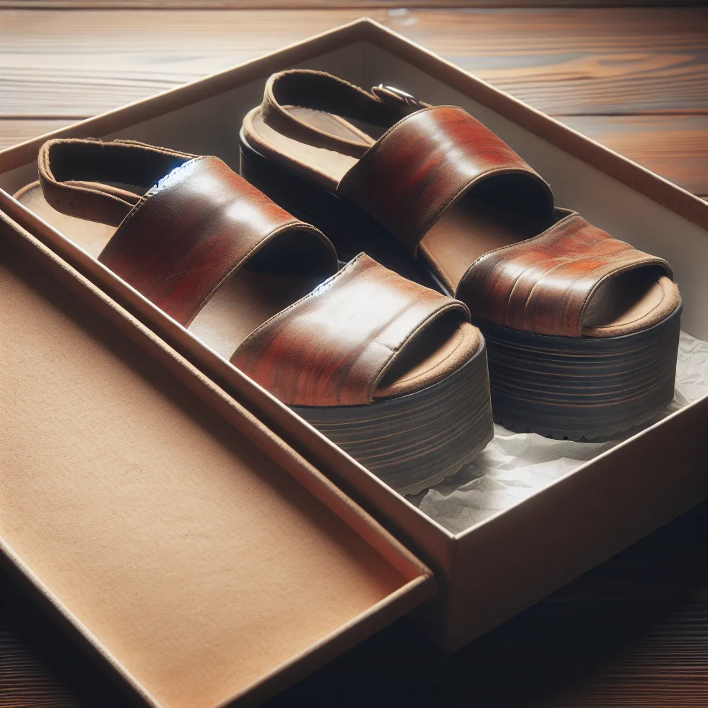 An image of a pair of worn but cherished platform sandals, a reminder of happier times, now kept in a special box, serving as a silent tribute to a beloved grandmother's life and love for her family.