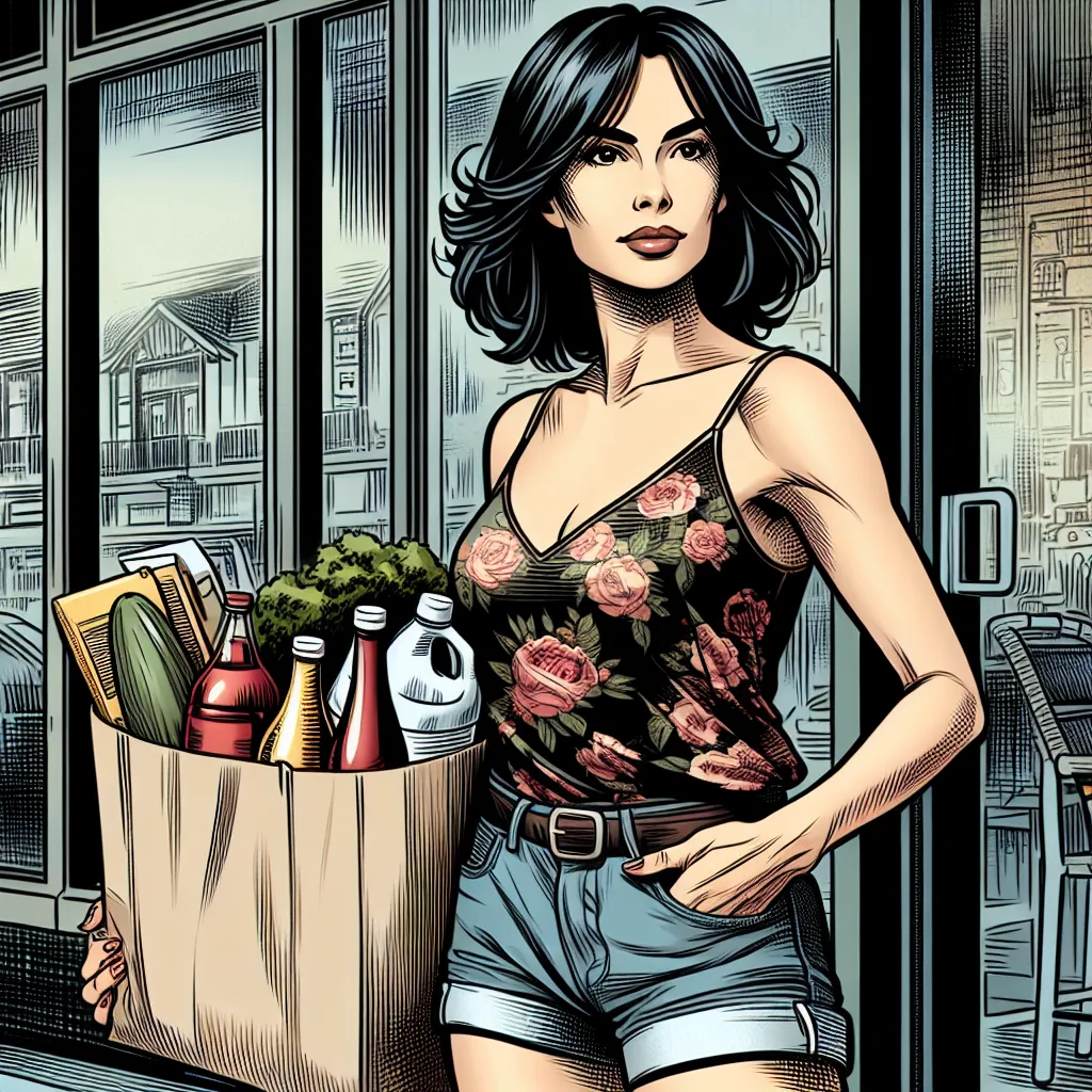 The generated image could depict a middle-aged woman with dark hair, wearing a floral tank top and denim shorts. She is standing outside a store, holding a grocery bag filled with ingredients and Mexican alcohol brands. She has a determined expression on her face as she looks off into the distance.