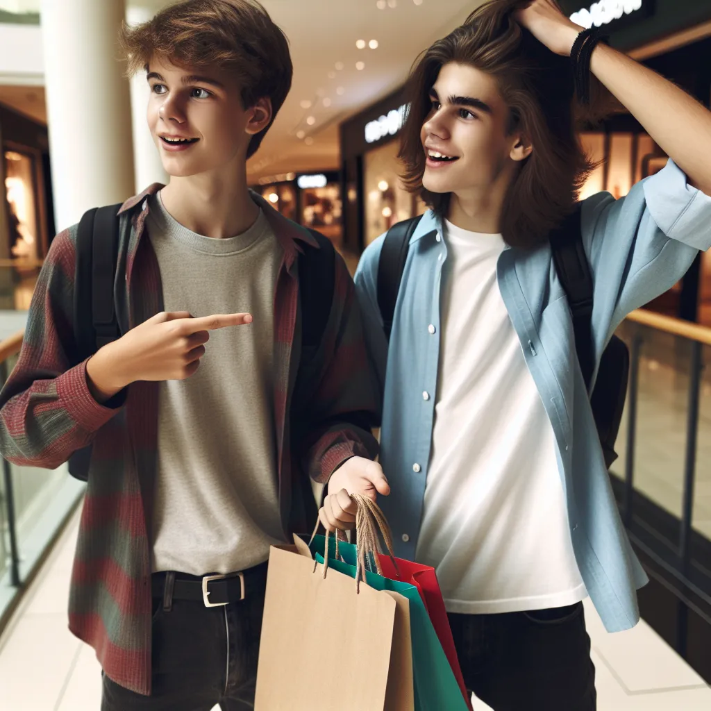 Two teenage friends, Cody and Nick, are shown standing side by side in a shopping mall. They are both wearing casual clothes and have big smiles on their faces. Cody, on the left, is pointing at something in one of the shopping bags they are carrying, while Nick, on the right, is adjusting his long hair. The image captures the fun and enthusiasm of their adventurous day after swapping bodies due to a mysterious amulet.