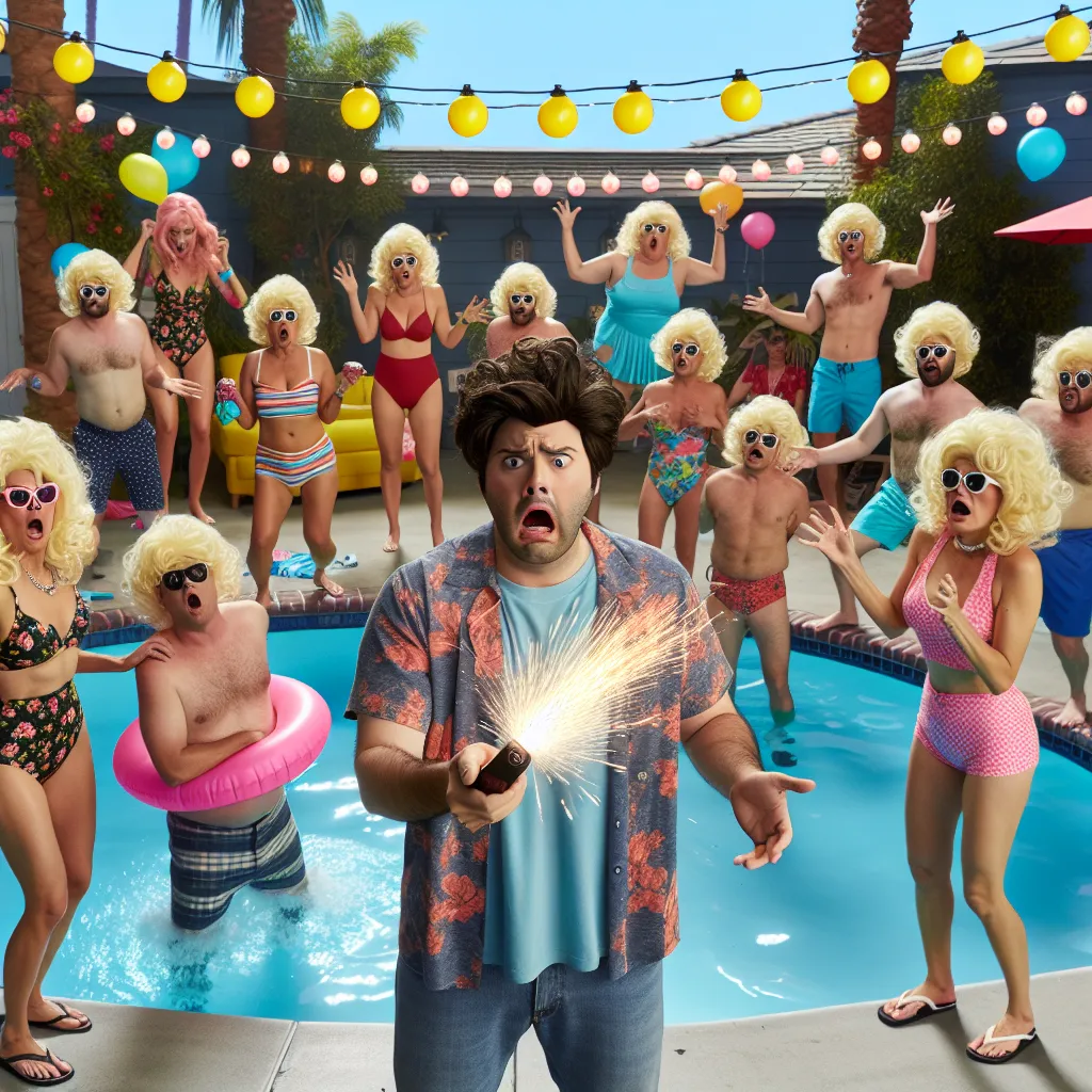 A humorous scene at a pool party where everyone looks like Trevor's mom due to a malfunctioning remote. His friends, now in mom bodies, tease and banter with him, creating a surreal yet comedic atmosphere.