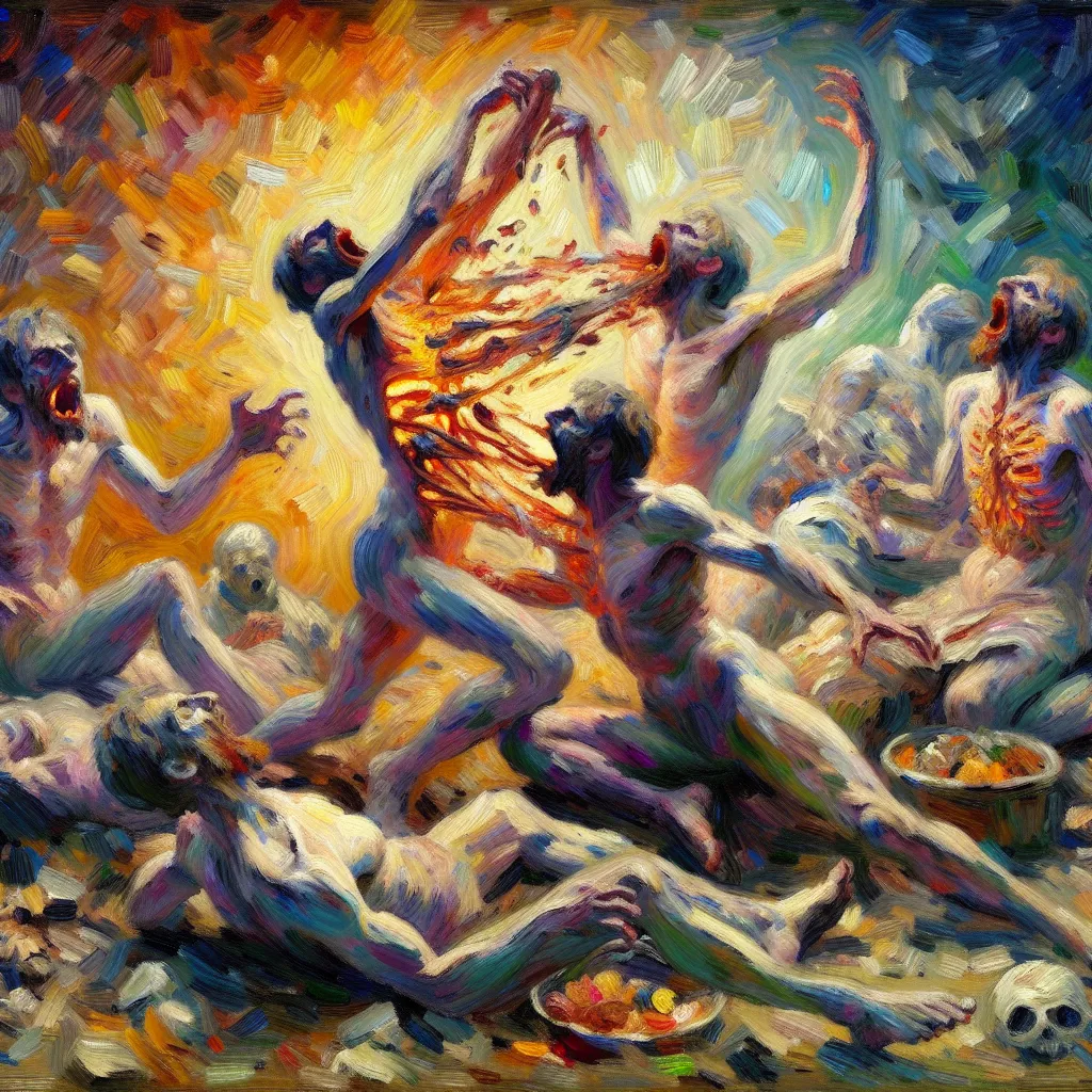 Transformation, Mortal Kombat, Pain, Hunger, Desires in the style of Monet