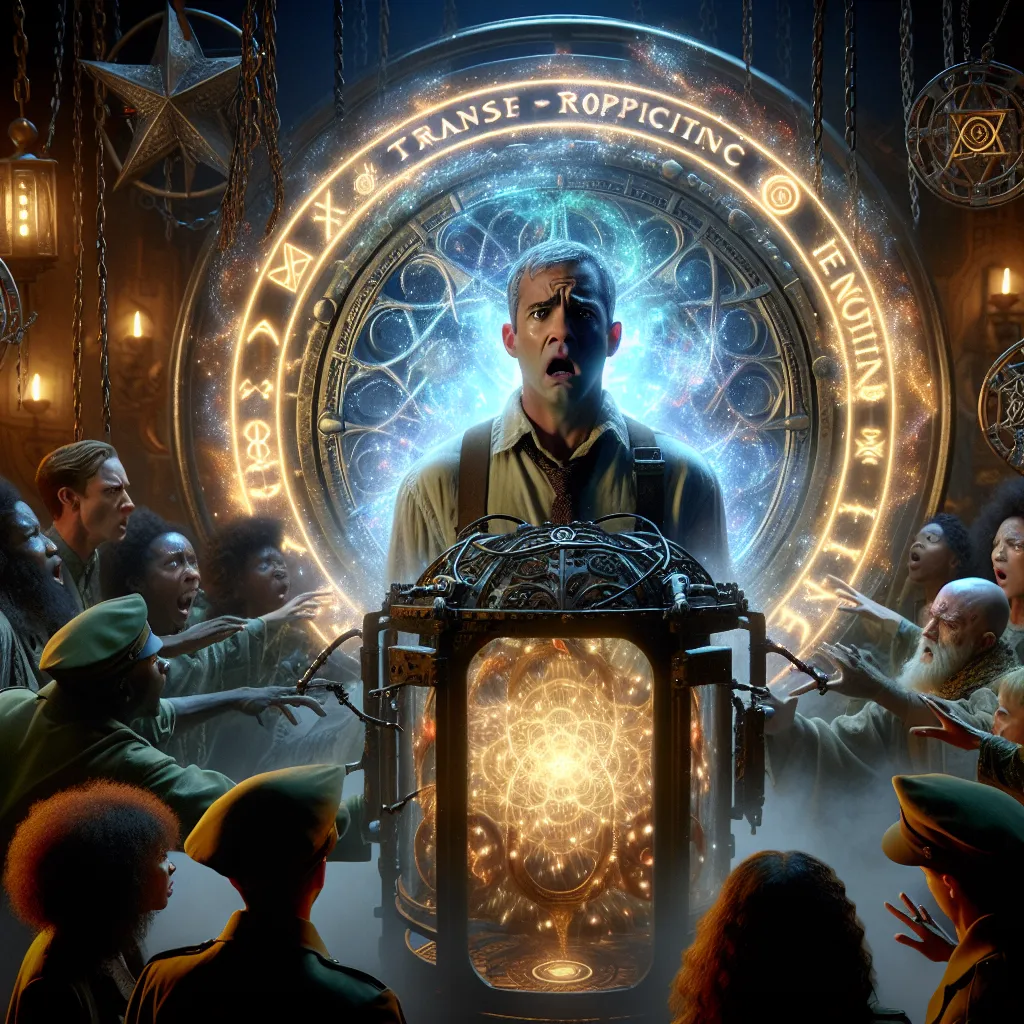 A scene of horror and transformation as Trevor Maloney's envy leads him to use an arcane "Transposition Engine" to swap bodies with the young and powerful "miracle child," Miyafuji Yoshika, in a military setting filled with witches and magic. The image captures Maloney's horror and discomfort as he struggles to adapt to his new body, experiencing vulnerability and insecurities that were once Yoshika's.