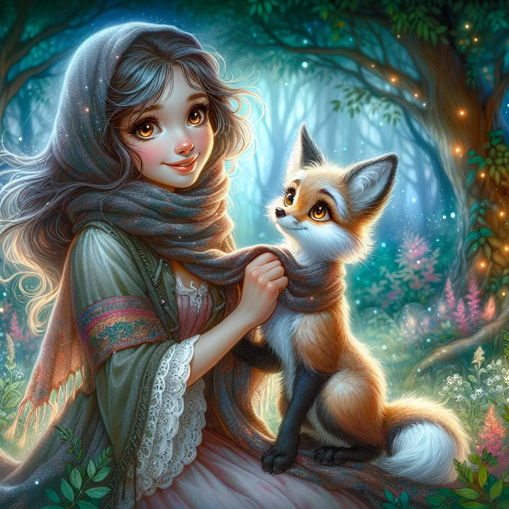 Genre: Fairy tale

Description: An illustration showing Amy Rose, a kind-hearted girl with a warm smile, wrapping her scarf around a shivering two-tailed fox cub in a mystical forest setting. The fox cub, named Tails, gazes up at her with amber eyes, torn between mistrust and yearning. They are surrounded by lush greenery, showcasing the beginning of their heartwarming bond.