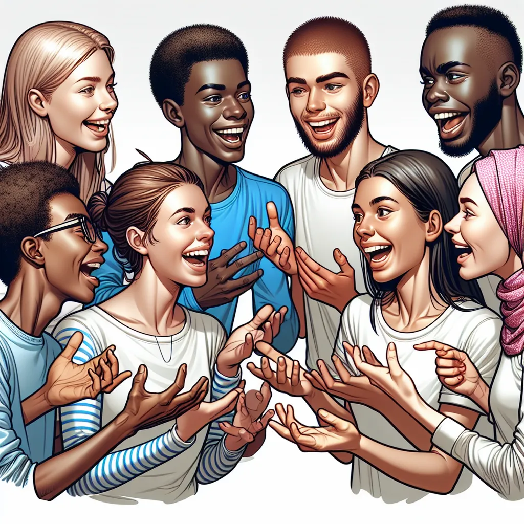 Description for the accompanying image: A group of diverse young people engaged in a lively conversation, each person actively expressing their opinion with gestures and animated facial expressions. A dynamic and inclusive discussion atmosphere is depicted, emphasizing diversity and communication.