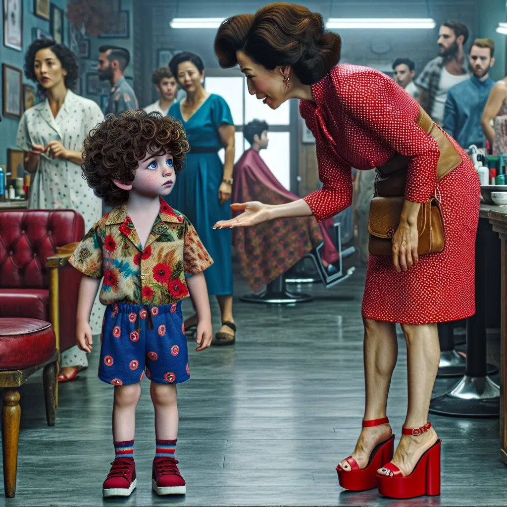 The image will feature a small six-year-old boy named Tom, with curly brown hair and blue eyes, standing in a barbershop setting. The barber, a Korean woman named Ms. Kim, is approaching him, dressed in a colorful blouse with red flowers, polka-dot shorts, and red platform sandals. Tom looks confused and concerned as Ms. Kim gestures towards him, while other customers can be seen in the background. The atmosphere is bustling yet serene, capturing the essence of a transformative moment in Tom's l
