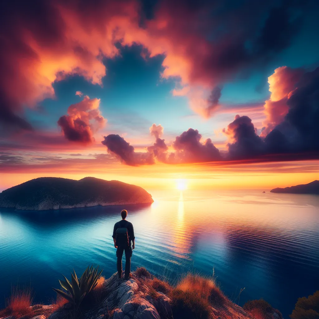 Description for the image: "A person standing at the edge of a cliff, gazing at a breathtaking sunset over a serene, azure ocean."