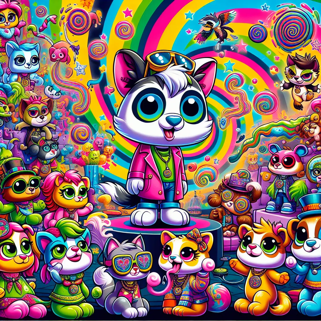 A colorful and playful illustration depicting Trip Hamston's hypnosis prank gone awry in an episode of *Littlest Pet Shop: A World of Our Own*. Characters include Trip, Quincy, Roxie, Bev, Edie, and Jade in whimsical, exaggerated poses as the chaos unfolds around them in the vibrant world of Paw-Tucket.