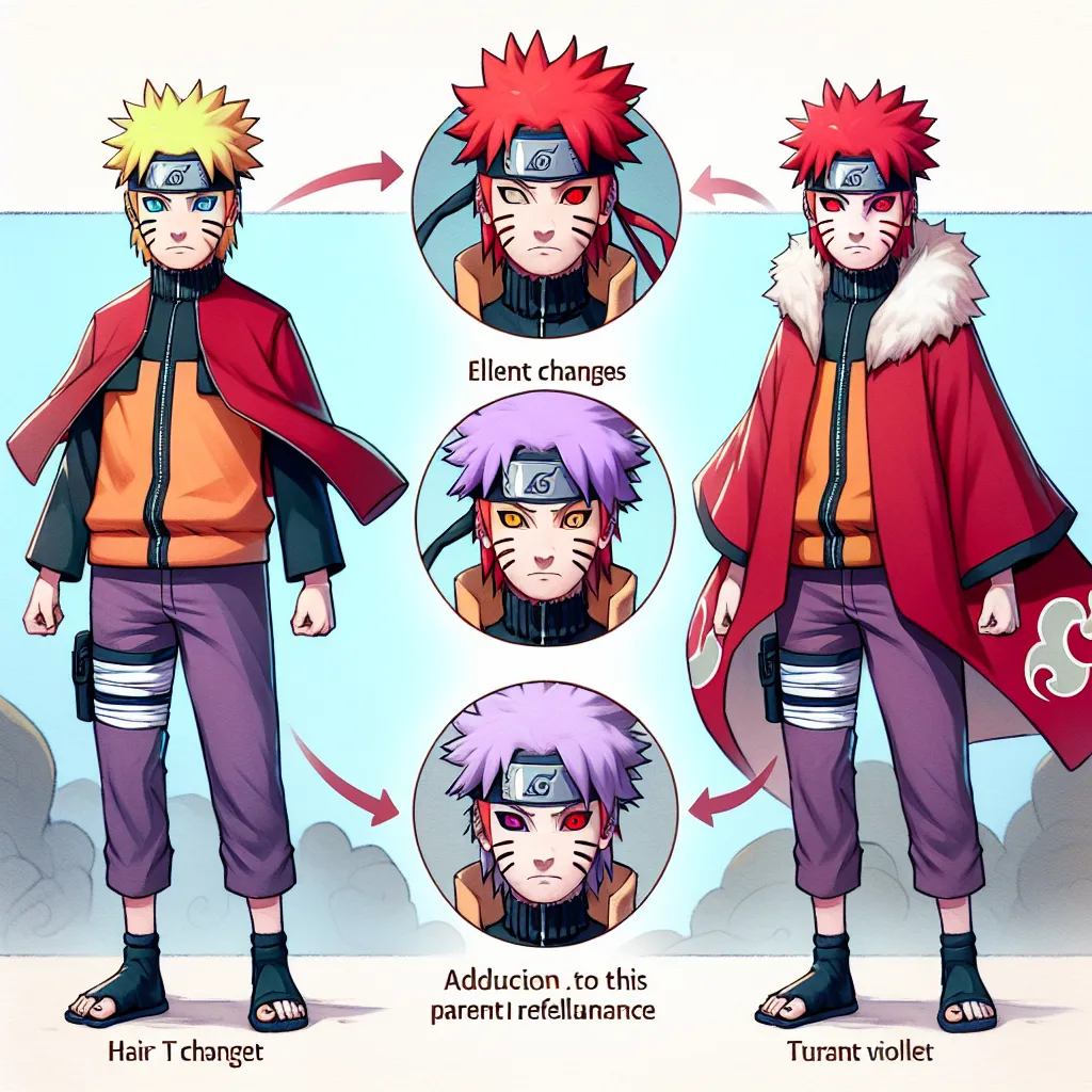 Description: The image depicts a young Naruto Uzumaki transforming into Naruko Uzumaki, a fierce and determined tomboyish kunoichi. Naruto is shown experiencing the physical changes associated with the transformation, such as a flattening chest, the growth of feminine curves, and the loss of male genitalia. The image highlights Naruko's distinctive features, including her scarlet hair, violet eyes, and the mix of her parents' facial characteristics. She stands confidently, adjusting to her new f