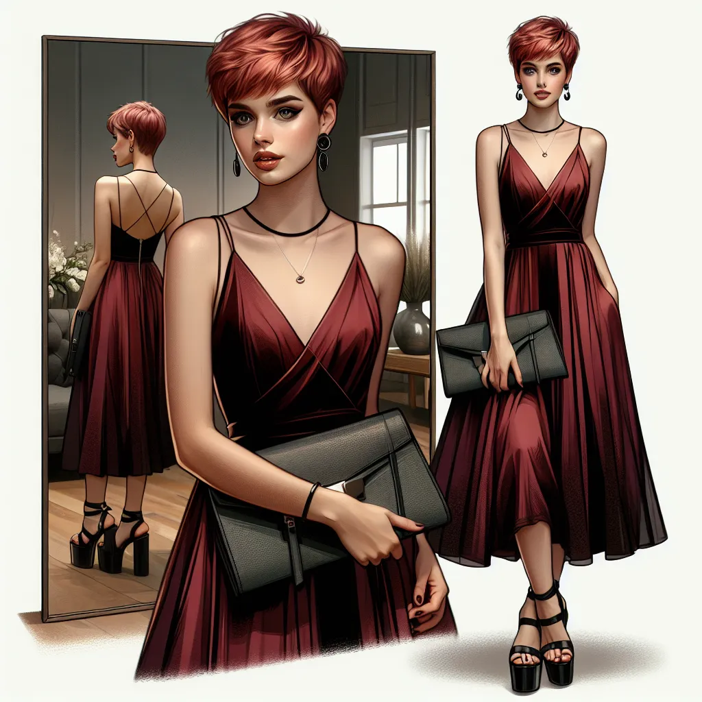 An image with a depiction of a young woman with short red hair wearing an elegant burgundy dress and platform sandals, holding a black leather clutch. She is standing confidently in front of a mirror with a sophisticated and composed demeanor.