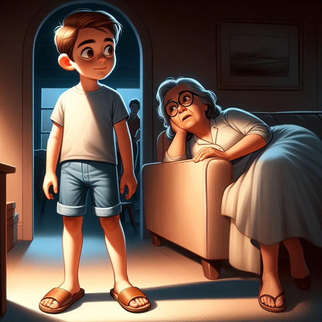 The image should depict a young boy named Alex standing in the dimly lit living room of his stepmother's house, wearing a pair of beige flat sandals. He is seen gazing up at his aunt Ellie, who is awakened and looking back at him with confusion and concern.