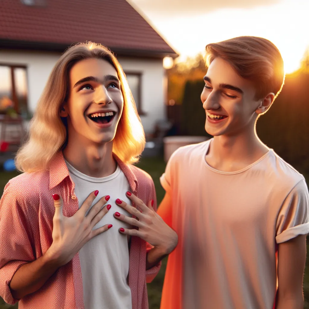 An image of two teenage boys, one in a feminine body with red nail polish and the other in a masculine body, standing in a suburban backyard, laughing and joking together. The sun is setting, casting a warm, golden glow over the scene.