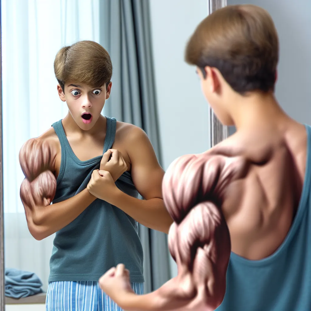 Description: The image shows a 12-year-old boy, Jason, who has magically transformed into the upper body of his muscular father, Mike. Jason is standing in front of a mirror, marveling at his new physique as he flexes his dad's muscles. The image captures the astonishment and wonder on Jason's face as he contemplates his newfound strength and the emotional journey that lies ahead.