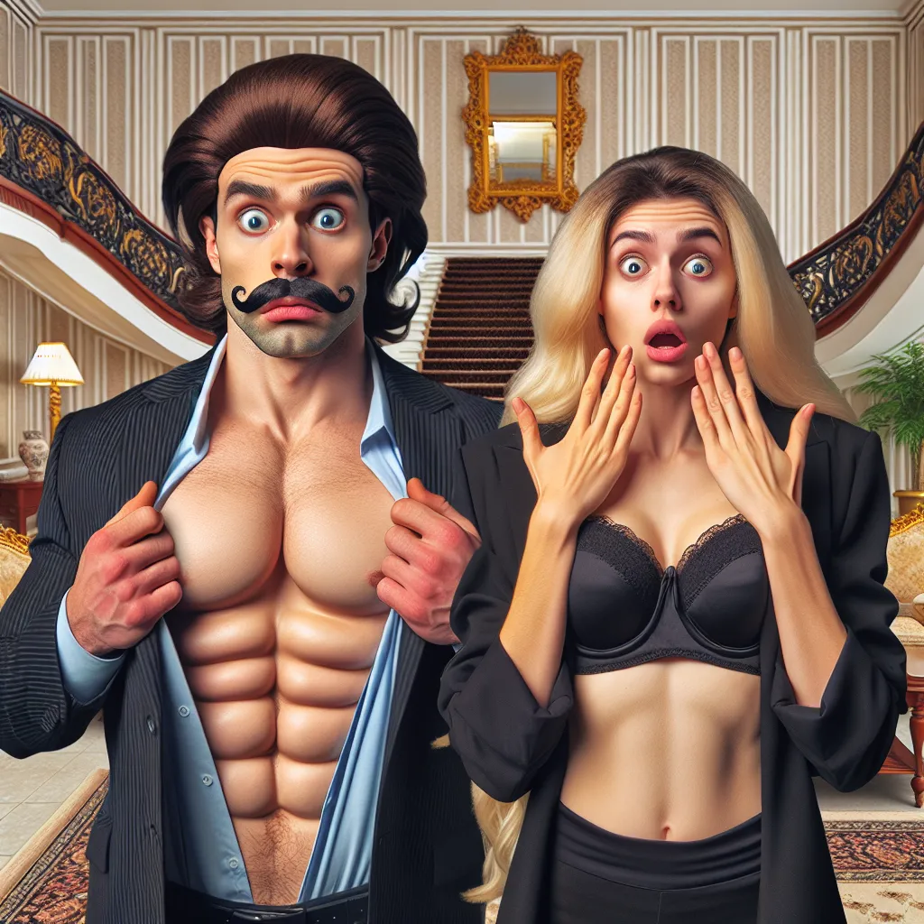 The image accompanying this story could be a comical depiction of two individuals standing side by side, one in a masculine body with exaggerated features and the other in a feminine body, both portraying expressions of shock and confusion. They are surrounded by opulent surroundings, such as a grand staircase and luxurious furnishings, highlighting the stark contrast between their new lives and their awkward adjustment to their swapped identities.