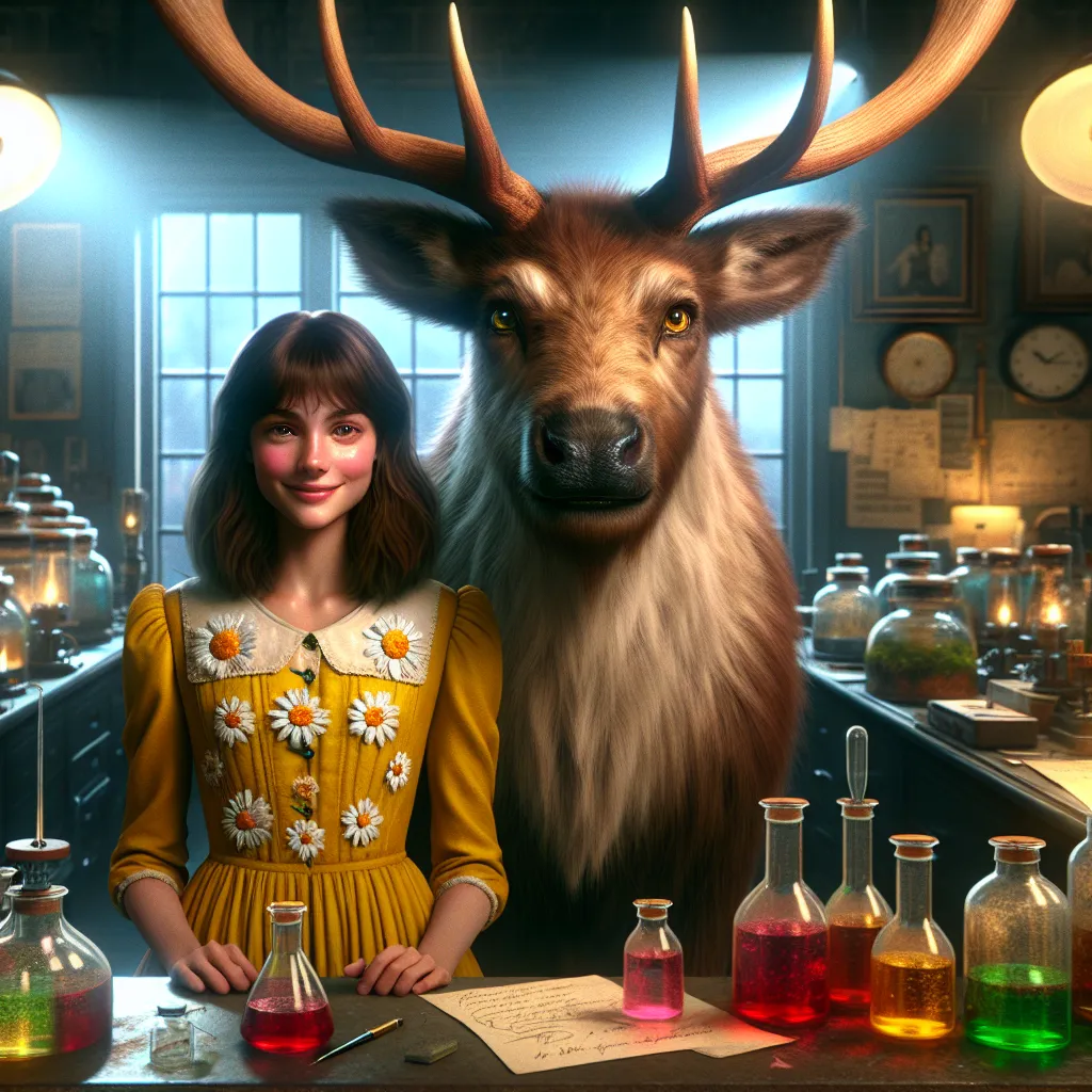 The image accompanying this story is a depiction of Lily and Aunt Clara, both transformed into reindeer-human hybrids, standing in Clara's makeshift laboratory. Lily, with her hair now transformed into auburn fur, is wearing her favorite yellow dress adorned with embroidered daisies. She has a joyful expression on her face, while Clara, with her elongated form, majestic antlers, and soft brown fur, looks proud and gentle. The laboratory is dimly lit, filled with glass vials of colorful substance