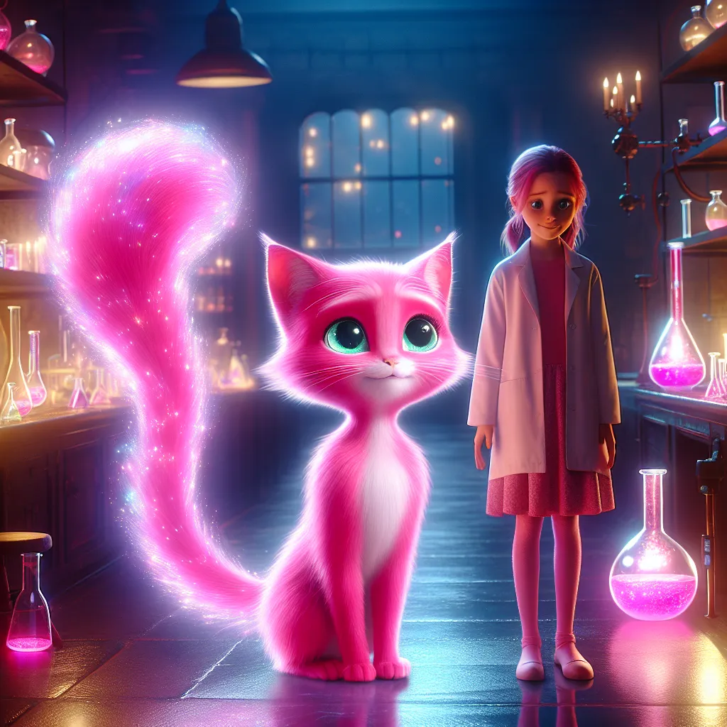 Description: "In this image, Lucy, transformed into an anthropomorphic pink kitten, stands with her aunt Eliza in a magical laboratory. The room is filled with scientific equipment, beakers, and mysterious glowing liquids. Lucy's bright pink fur glistens in the soft light as her tail curls gracefully behind her. Her large, feline eyes sparkle with curiosity and excitement. The image captures the bond between Lucy and Eliza as they embark on their extraordinary journey and explore the possibiliti