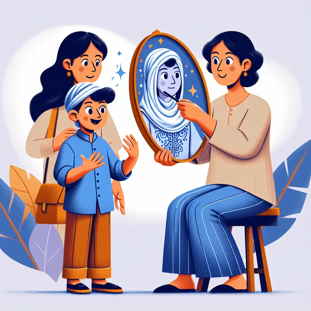 Mother and son preparing to go to the beach together, with the boy accidentally transforming into his friend's mom, Sabrina, through a magical mishap. 