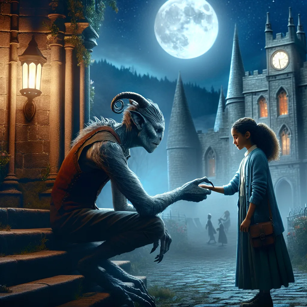 In a fantasy world, a young woman named Naomi offers her blood to a lonely vampire outside an orphanage at midnight, seeking connection and understanding. The vampire, touched by her bravery and compassion, drinks from her wrist in a tender and transformative moment under the silver moonlight.
