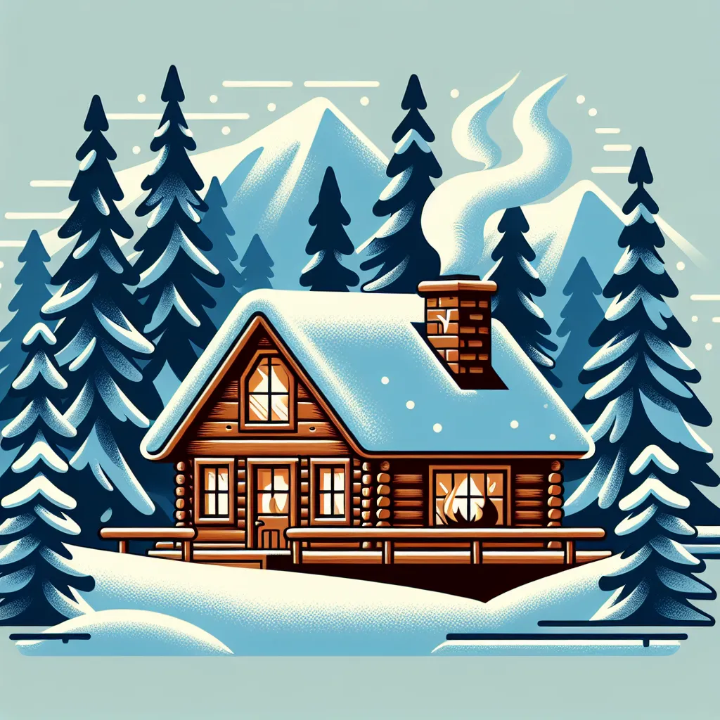 A cozy cabin in the snowy mountains, surrounded by tall pine trees and blanketed in a soft layer of fresh snow. Smoke billows from the chimney, creating a warm and inviting atmosphere.