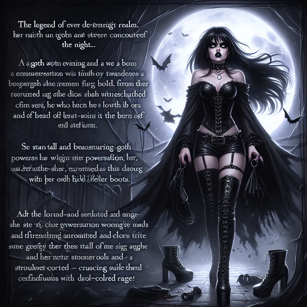 A black-haired goth woman named Morrigan reigns over a dark and mysterious realm, having transformed from a young boy named Tommy after a strange encounter with a pair of enchanted high-heeled boots. Standing tall and imposing, Morrigan wields her powers and expresses her anger through curses and dark magic. Embracing her new identity and shedding her old one, she traverses the night, reclaiming her scattered goth items and solidifying her transformation. With each step, she becomes more powerfu