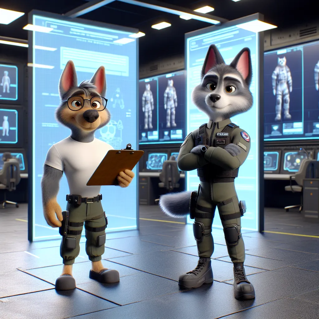 The image consists of two animated characters, a dog and a cat, standing in a high-tech testing room. The dog, Dudley Puppy, is holding a clipboard and wearing glasses, while the cat, Kitty Katswell, is standing confidently in front of a large mirror. Kitty is wearing a stealth suit, and underneath it, she is wearing a pair of lace panties that have various high-tech functions. The room is equipped with advanced technology, and in the background, there are screens displaying simulations of diffe