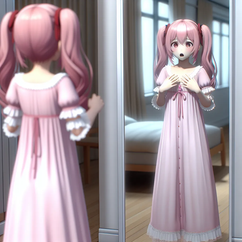 Description: An image showing a young character with pink hair and twin tails, wearing an effeminate nightgown and standing in a bright, unfamiliar room. In the reflection of a polished mirror, their face appears shocked and panicky.