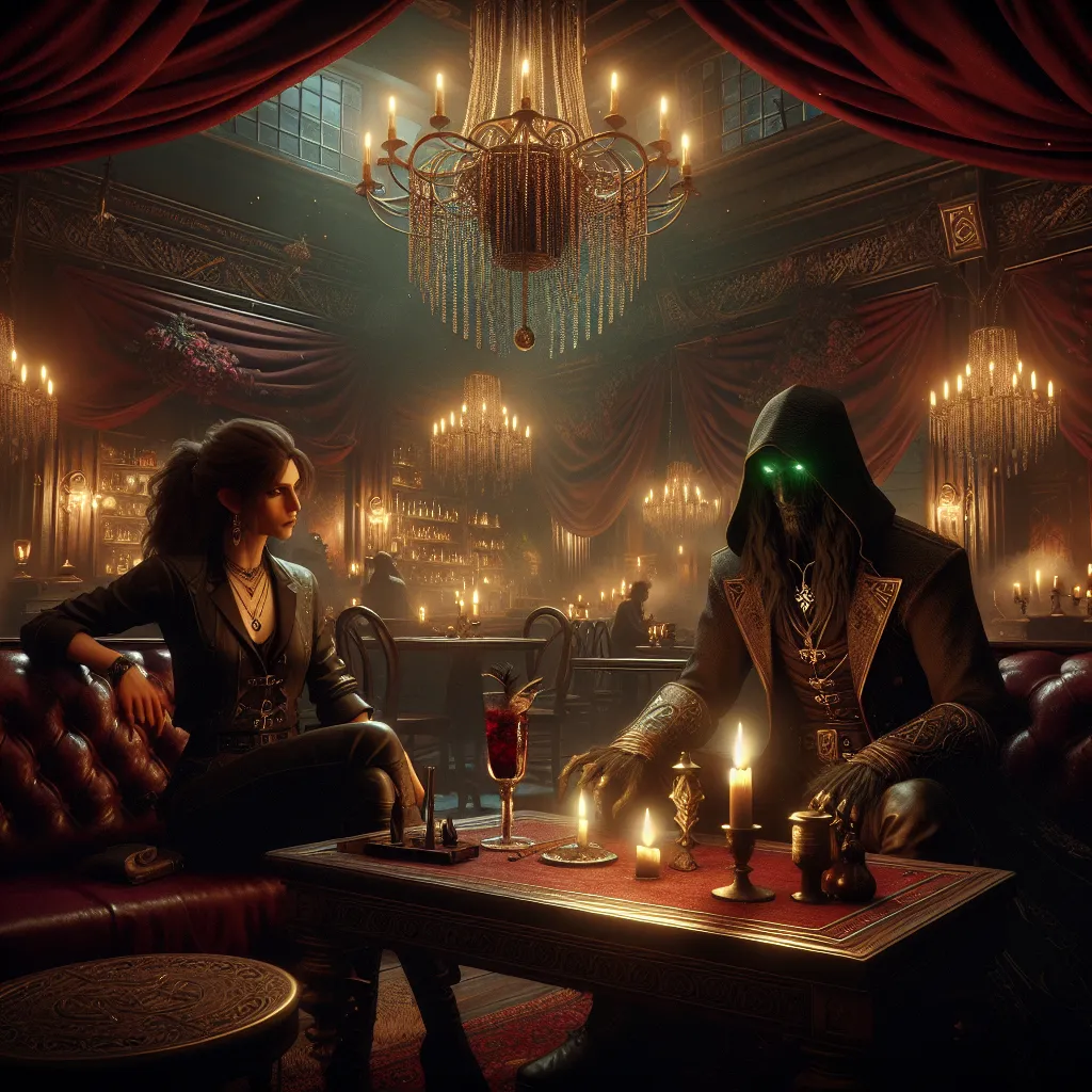 An atmospheric mystery unfolds in the dimly lit Velvet Veil nightclub as Helena makes a pact with the cursed elf Talion to save his life in exchange for finding her missing sister. With the help of witch Isa Martell, they delve into ancient curses and dangerous magic, setting the stage for a thrilling quest at the Witching Hour.