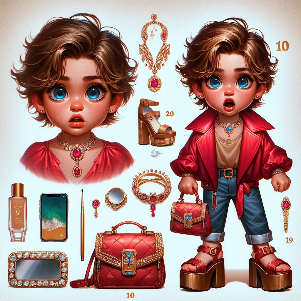 The image accompanying this story would feature a 10-year-old boy named Thomas, with messy brown hair and big blue eyes, wearing a vibrant red dress, platform sandals, and carrying a designer purse. He would be surrounded by girly items such as a diamond necklace, gold-plated mirror, and a smartphone with a diamond-studded case. The image would portray Thomas in a state of shock and despair as he realizes his transformation into an older woman.