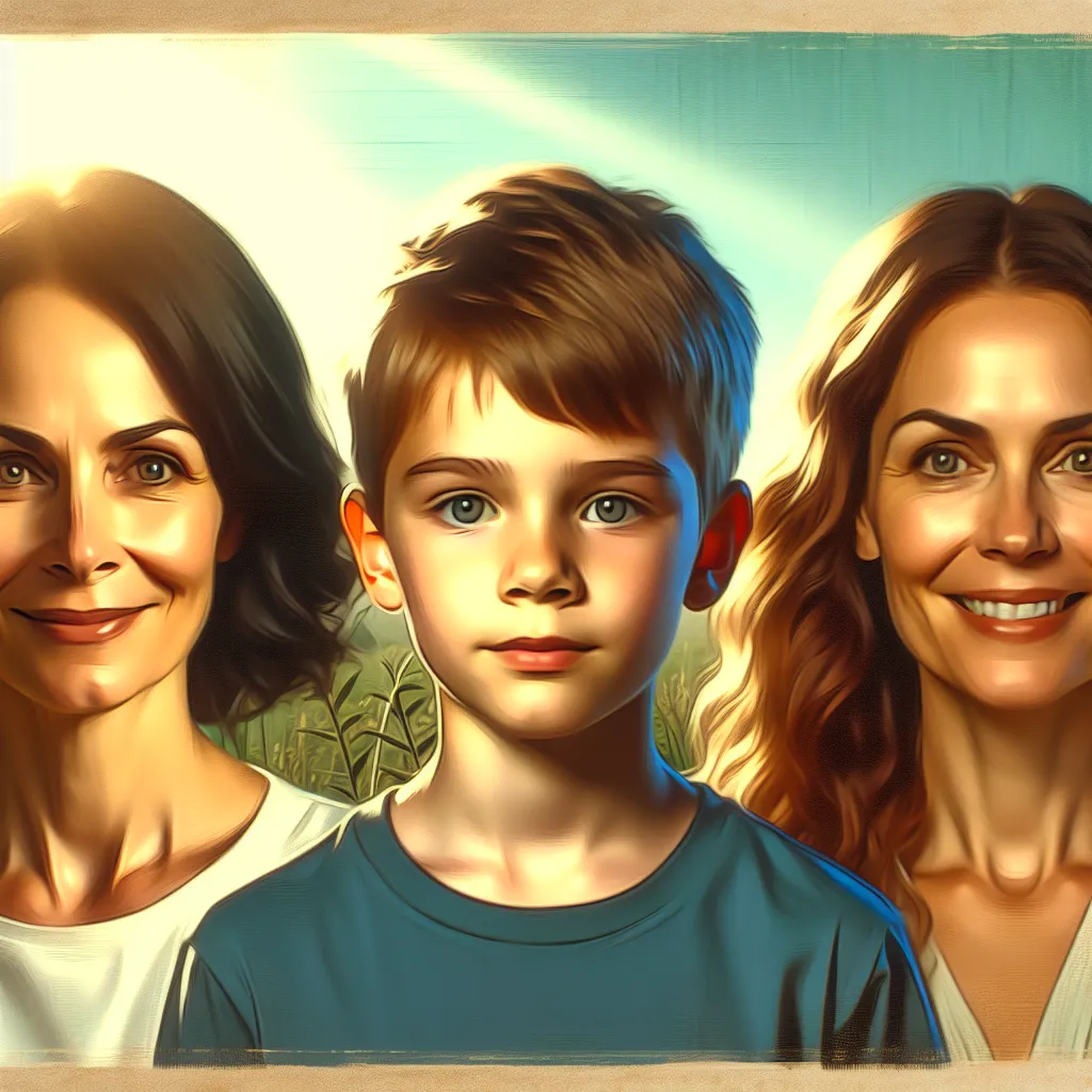 Image Description: The image depicts three individuals - an 8-year-old boy named Tommy, his 42-year-old aunt Susan, and his 23-year-old cousin Jessica. Tommy is shown with short, straight light-brown hair, bright blue eyes, and a white complexion. He stands at 4 feet 2 inches tall and weighs about 60 pounds. Susan is depicted with shoulder-length dark brown hair styled in loose curls, dark green eyes, and a white complexion. She stands at 5 feet 6 inches tall and weighs around 150 pounds. Jessic