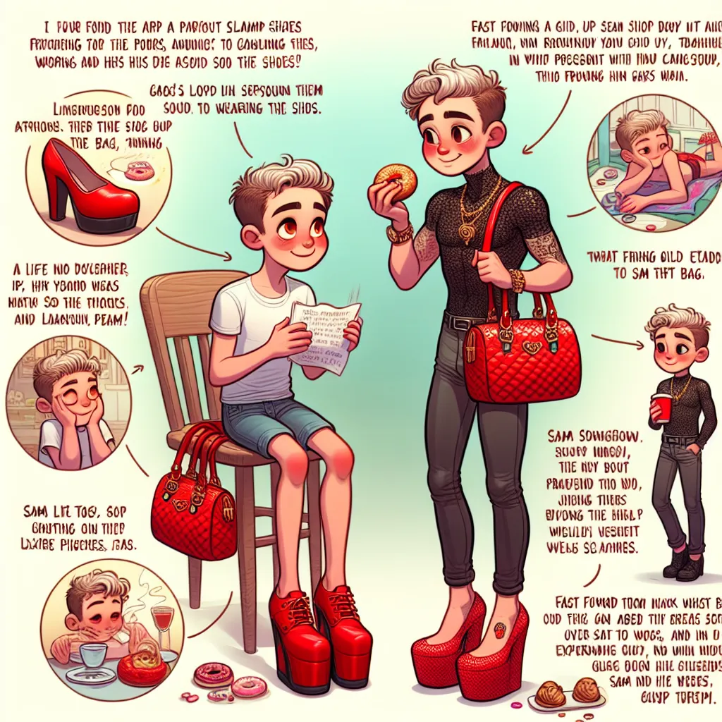 A 10-year-old boy named Luke accidentally stumbles upon a pair of red platform sandals and a matching purse. As he tries to avoid them, he trips and falls, inadvertently wearing the sandals. Luke's feet undergo a transformation, becoming feminine in appearance with painted red toenails. His legs, body, chest, arms, hands, and head also feminize, and his memories change to those of a woman named Isabella Thompson. Isabella, now 56 years old, embraces her new identity and confidently wears the dre