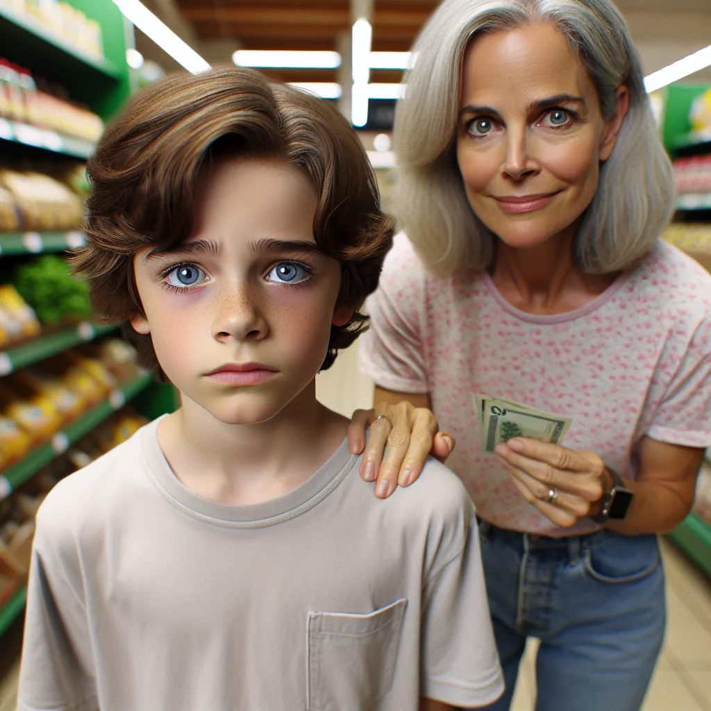 An image of a young boy named Ethan and an older woman named Margaret in a grocery store aisle. Ethan, with short curly brown hair, blue eyes, and in a slightly oversized t-shirt and jeans, looks worried as Margaret, with silver straight hair and hazel eyes, wearing a light pink floral t-shirt, faded blue jeans, and black flip-flops, grips his shoulder. They both hold a piece of paper money in their hands.