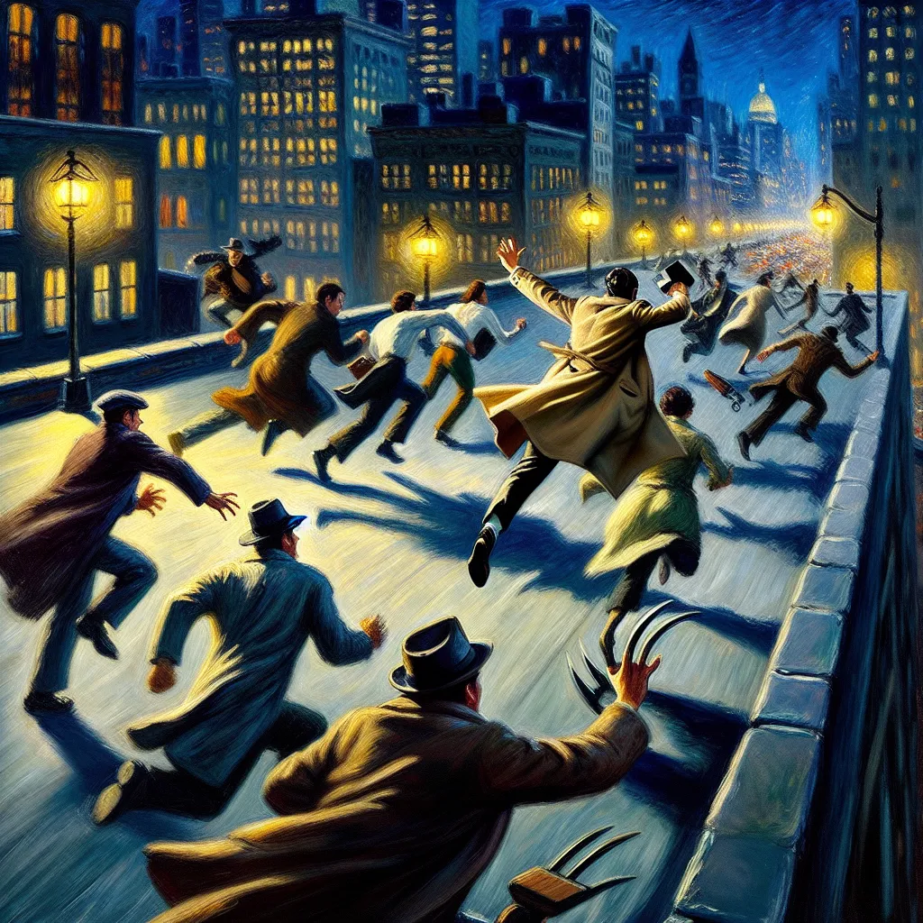 Rooftop, Street, Pursuers, Claws, Escape in the style of Monet