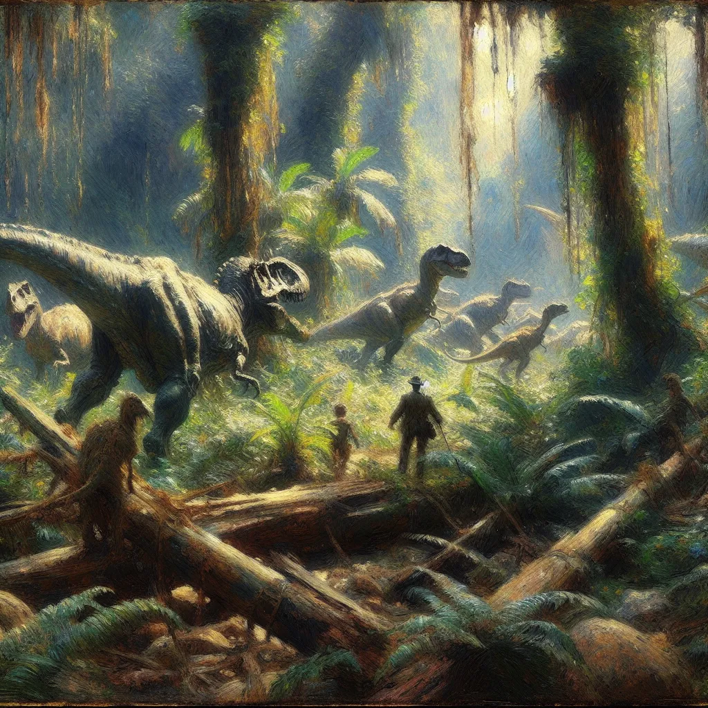 Expedition, Lost World, Dinosaurs, Adventure, Discovery in the style of Monet
