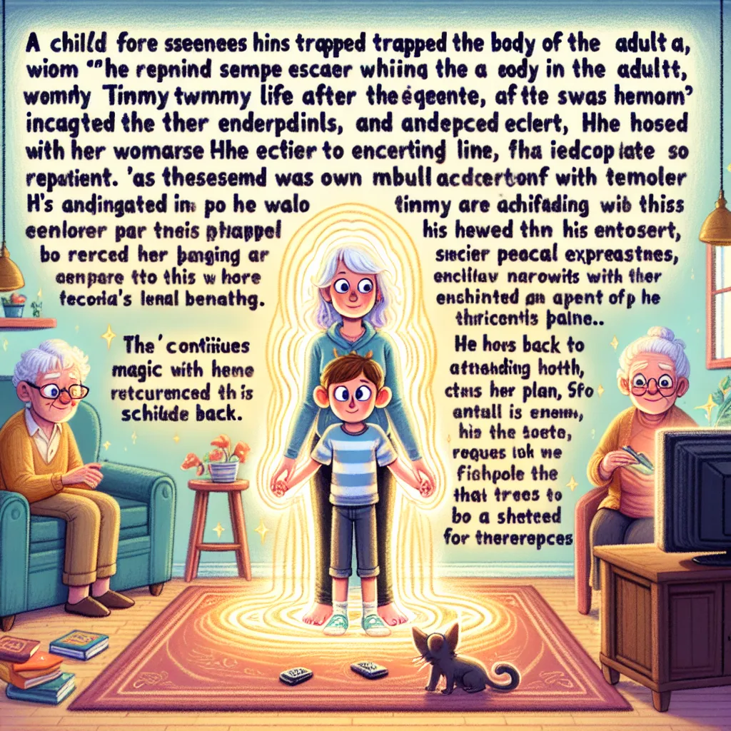 A child, Timmy, finds himself trapped in the body of a woman named Cynthia after an intentional body swap. He is forced to navigate Cynthia's life and responsibilities, including going out with her husband and interacting with her grandmother. Timmy's hope for an escape is ignited when his grandma visits and hints at knowing the truth. However, he soon realizes that Cynthia's body swap was arranged by her and her mother, Margaret, as part of a convoluted plan. Timmy remains trapped, longing for 