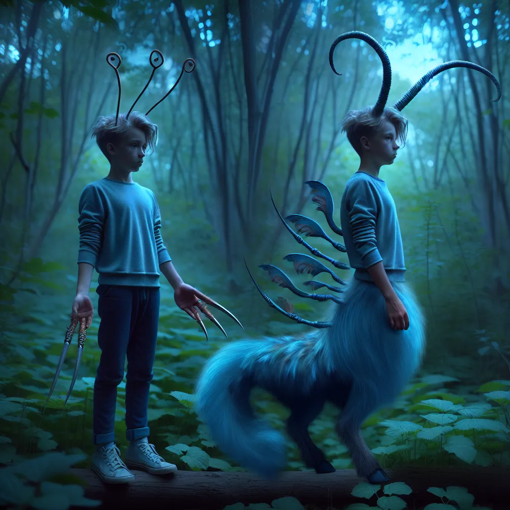 An image of a young boy transforming into a hybrid creature in a twilight forest. The boy's human features are gradually morphing into that of an Andalite, with hooves for hands, four eye stalks on his head, and a sapphire-furred tail ending in a sharp blade. He stands in the forest, surrounded by lush foliage, his new form standing tall and uncertain.