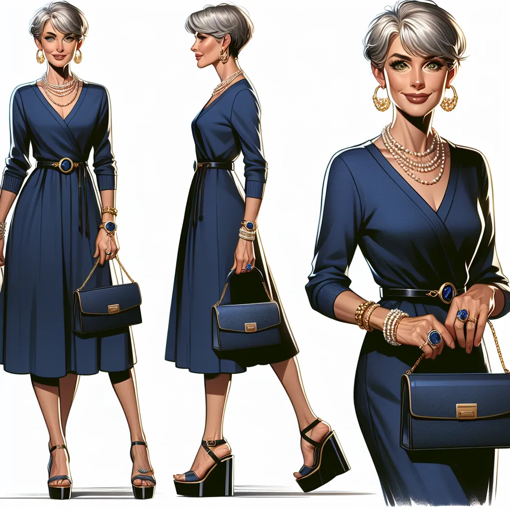 An image of a confident and elegant woman, Evelyn, in her 60s, dressed in a deep blue dress with gold accents, wearing platform sandals and carrying a matching purse. She is adorned with jewelry, including a pearl necklace, diamond bracelet, gold hoop earrings, and a sapphire ring. Her short, stylish gray hair is neatly cropped, and her green eyes exude a sense of self-assurance. Evelyn radiates grace and resilience as she confidently navigates through life.