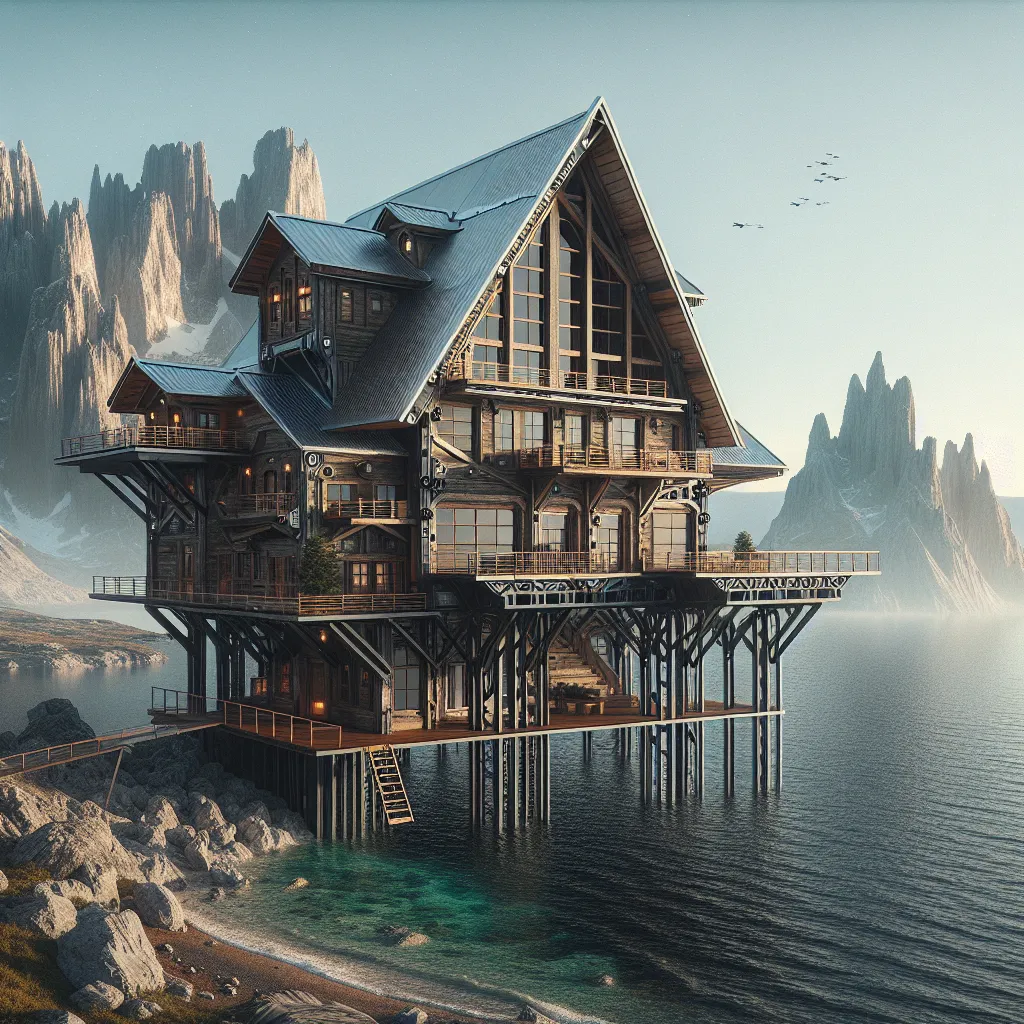 The image will depict the futuristic dream house on Hațeg Island, nestled amidst a prehistoric landscape. The house, resembling a colossal rustic cabin, stands on the shoreline with breathtaking views of the Tethys Sea. The exterior is made of indestructible synthetic materials, featuring reinforced walls, windows, and doors, as well as self-cleaning solar panels on the roof. The image will showcase the blend of advanced technology and natural tranquility, inviting viewers to imagine the extraor