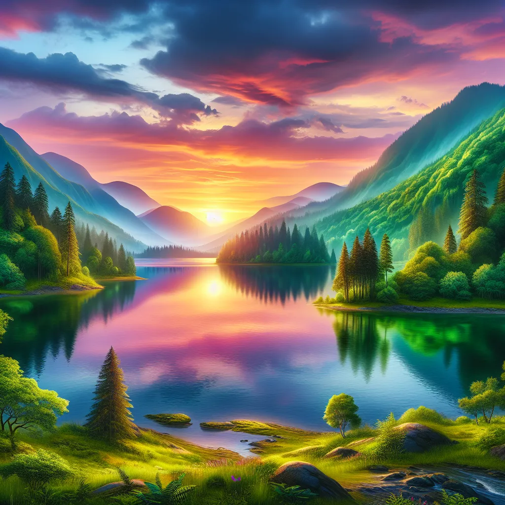 No problem! I'm here to help. Here's a concise description for the image:

"A peaceful nature scene with a colorful sunset over a tranquil lake, surrounded by lush green mountains."