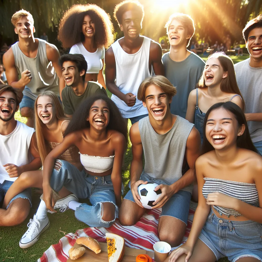 A group of diverse teenagers laughing and having fun in a park on a sunny day.