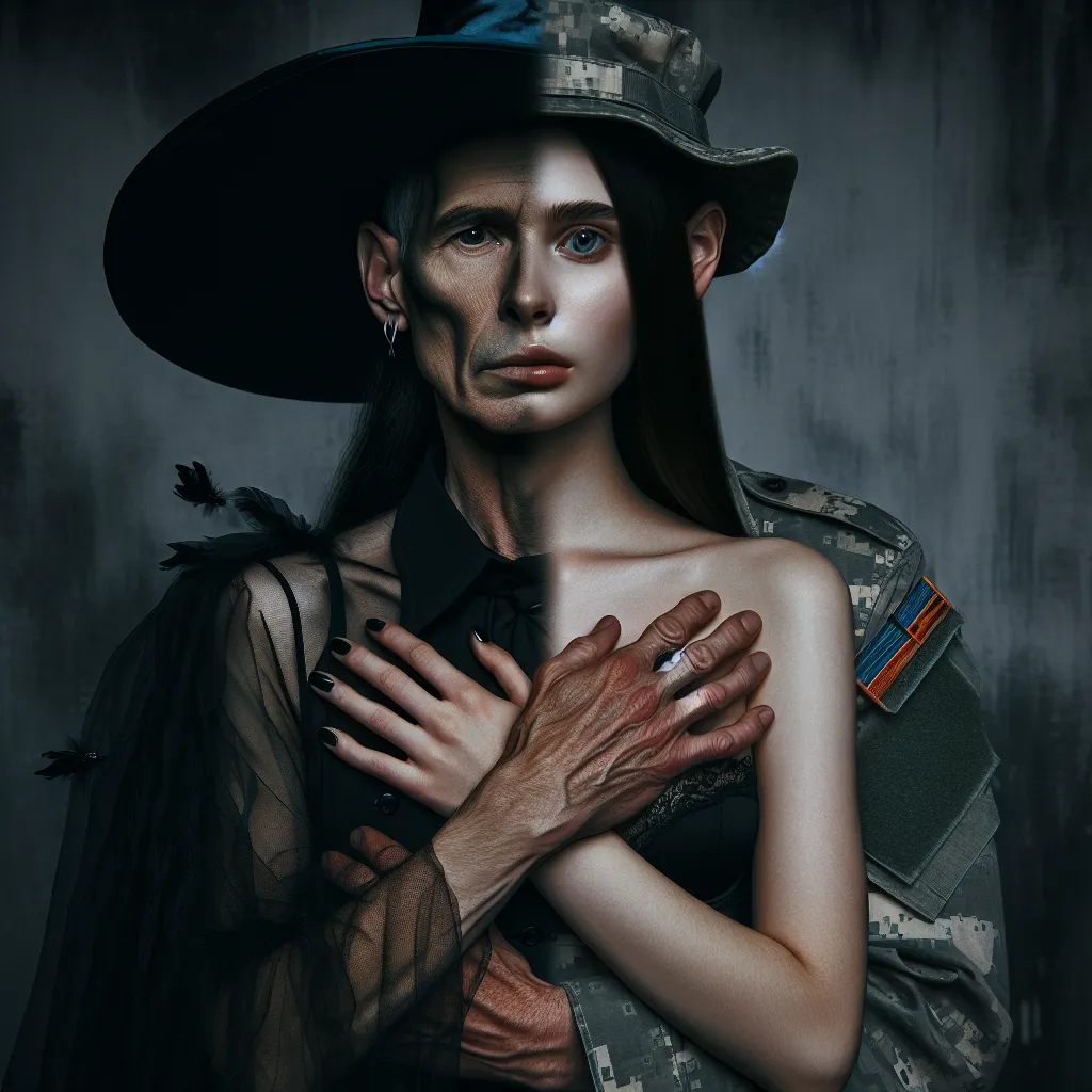 A dark and surreal image of a young witch and an older military officer trapped in each other's bodies. The image captures the confusion and discomfort they feel as they try to adapt to their new forms, highlighting the stark contrast between their appearances and the challenges they face in navigating their respective identities.