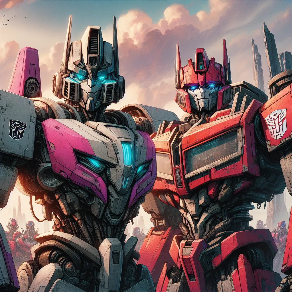 Visual Description: The image shows two towering Cybertronian beings, one pink and gray and the other red and black, standing side by side in a mechanical landscape. They have transformed from their previous forms as human-like demons into powerful robotic beings. The pink and gray Cybertron, now named Dynamo, stands tall and imposing with a sleek armor design, glowing light blue rims, and a protective helmet with pure blue, pupil-less eyes. The red and black Cybertron, now named Torpedo Blast, 