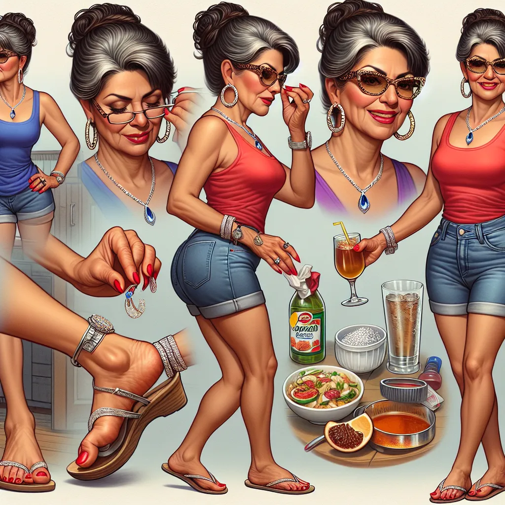 A digital artwork depicting a woman named Maria, a Mexican woman in her mid-50s, getting dressed in a colorful tank top and denim shorts. She puts on oversized flip-flops and adjusts her hair into a bun. Maria then accessorizes with gold hoop earrings, a silver bracelet, a sapphire pendant necklace, a small gold anklet, and a diamond-studded watch. She finishes her look with a pair of leopard print sunglasses and red nail polish. Maria is seen walking in her flip-flops and later cooking a tradit