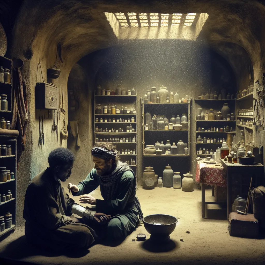 A weary woman tends to a bruised and battered man in a dim, cement-walled hideout beneath an herbal medicine shop. Shadows of secrecy and survival envelop them as they share a moment of respite amidst the dangers lurking outside.