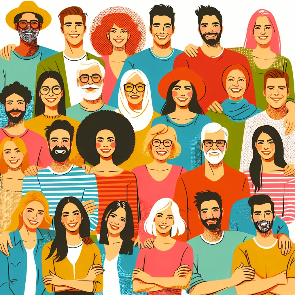 Description for the image:
A vibrant, diverse group of friends and family members gathered together, showcasing their unique personalities and close bonds.