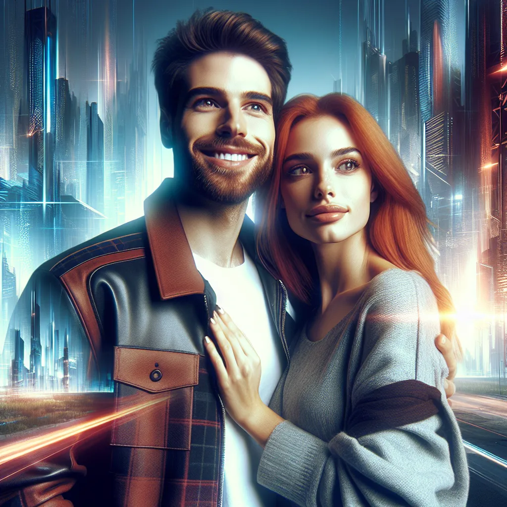 An image to accompany this story could depict two friends, one male and one female, standing side by side with their arms around each other against a backdrop of a futuristic cityscape. They are both smiling and exuding confidence, embracing the unexpected changes in their lives. The woman has fiery red hair and is wearing a stylish outfit, while the man has a warm and supportive expression. The image captures their strong bond and the way they navigate their parallel lives with optimism and res